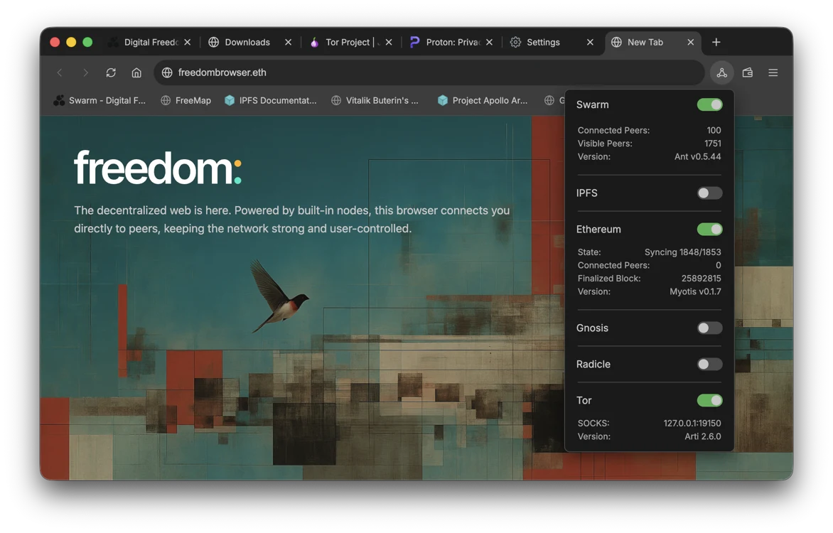 Freedom browser showing a website loaded from Swarm